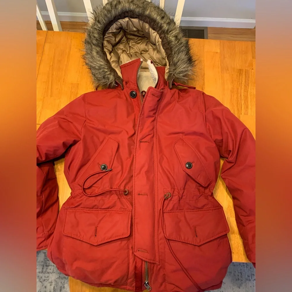Abercrombie & Fitch Red Hooded Parka Jacket with Faux Fur Trim